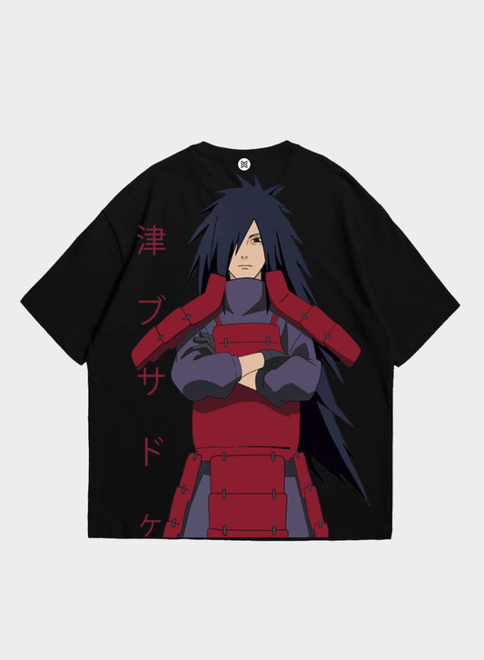 UCHICHA MADARA - Anime Graphic Printed Black Color Over-Sized T-Shirt